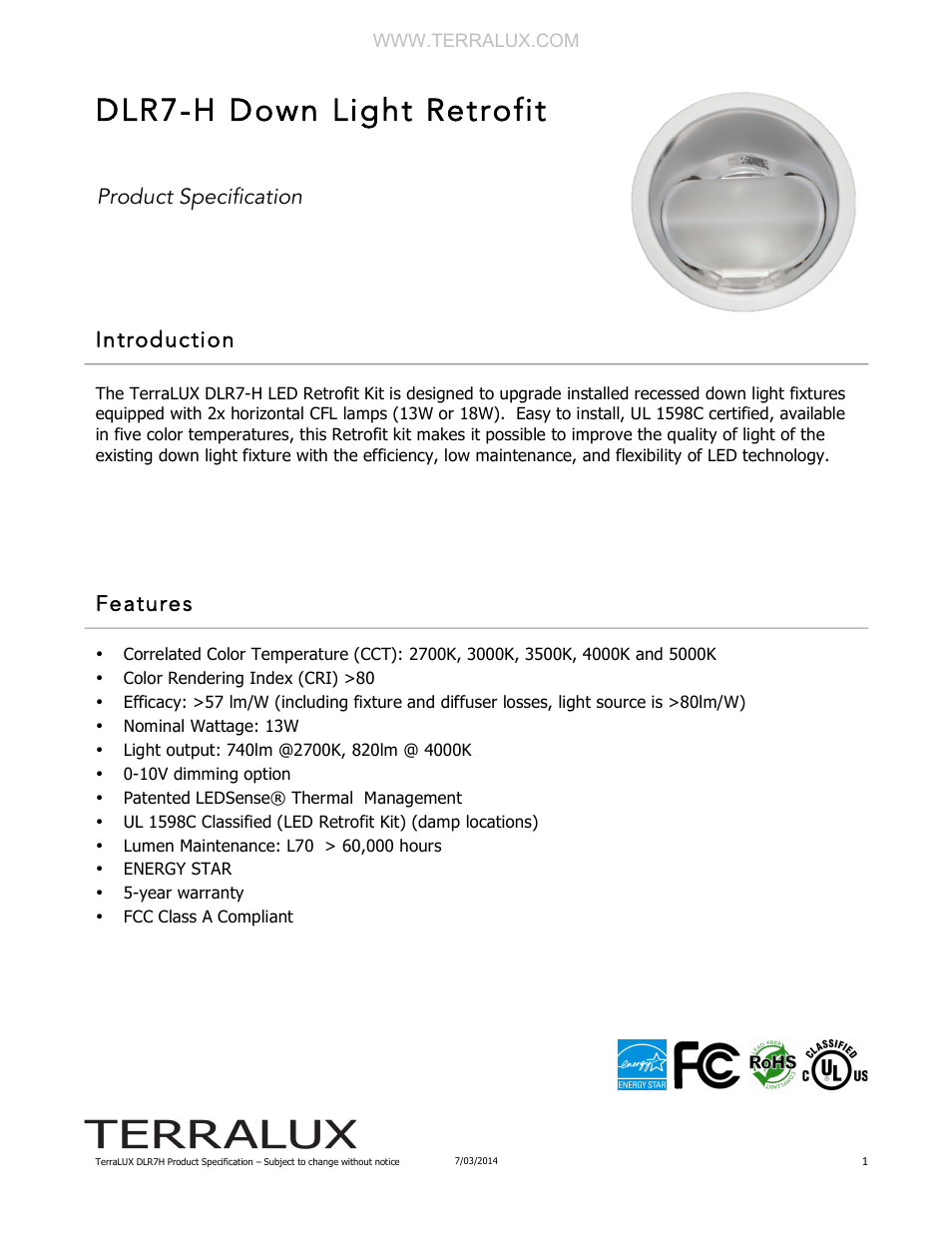 TERRALUX DLR7H Spec Sheet User Manual | 6 pages