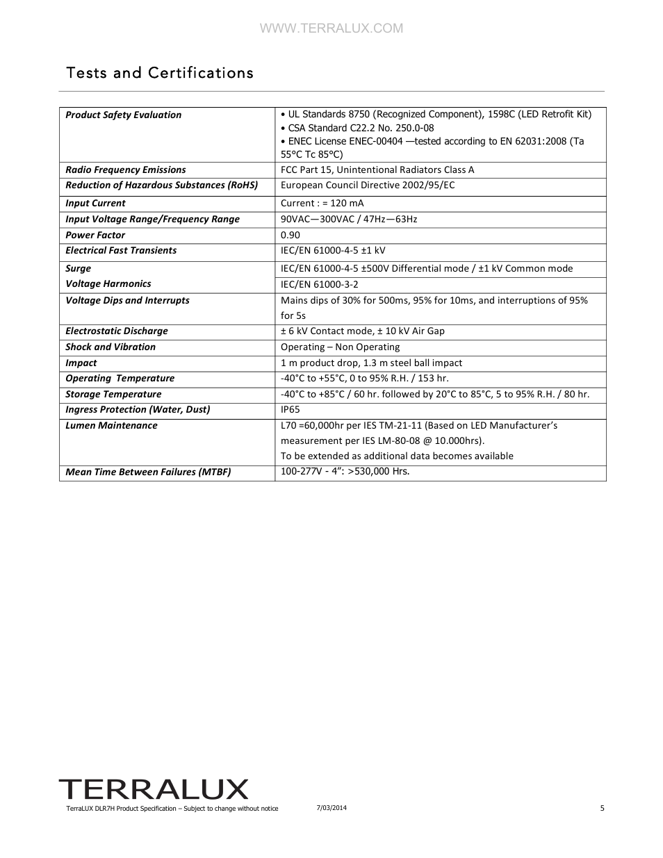 Tests and certifications | TERRALUX DLR7H Spec Sheet User Manual | Page 5 / 6
