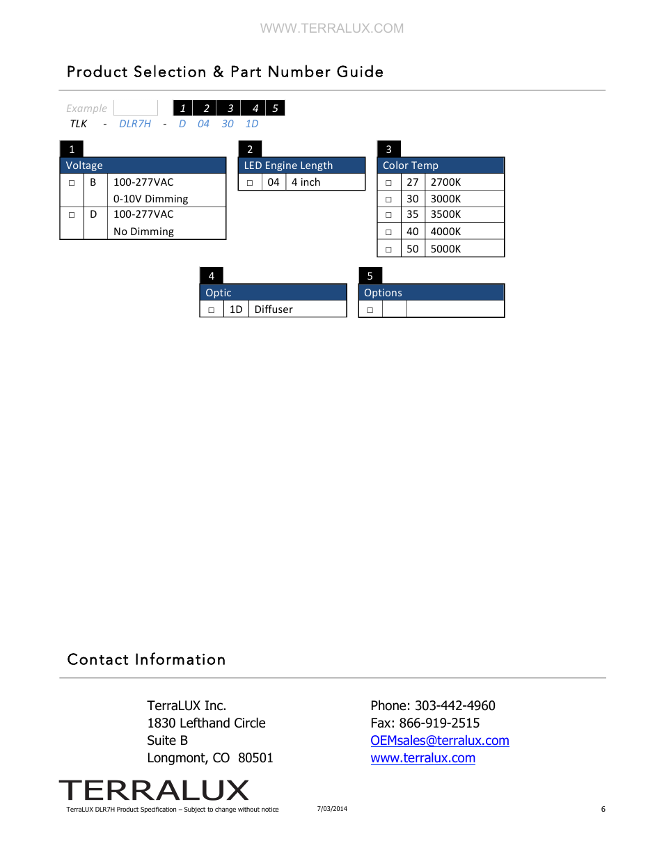Product selection & part number guide, Contact information | TERRALUX DLR7H Spec Sheet User Manual | Page 6 / 6