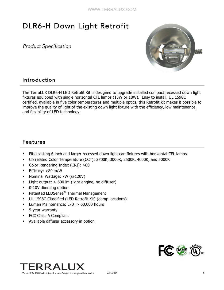 TERRALUX DLR6H Spec Sheet User Manual | 6 pages