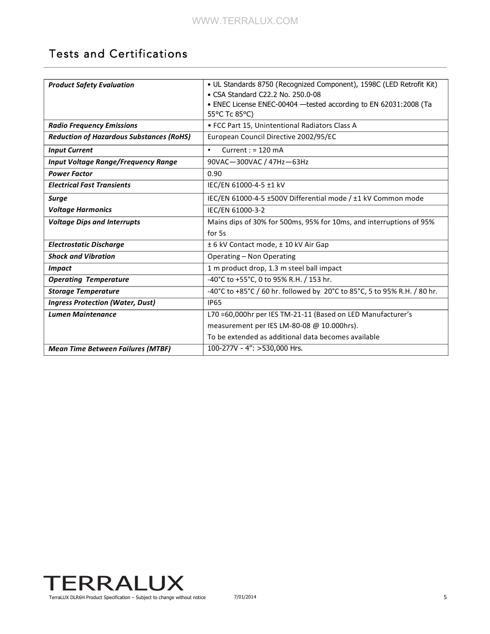 Tests and certifications | TERRALUX DLR6H Spec Sheet User Manual | Page 5 / 6