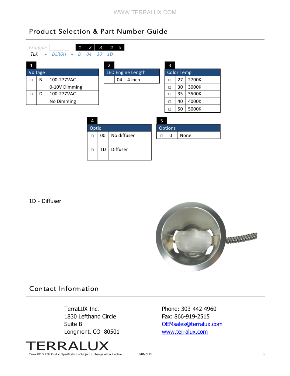 Product selection & part number guide, Contact information | TERRALUX DLR6H Spec Sheet User Manual | Page 6 / 6