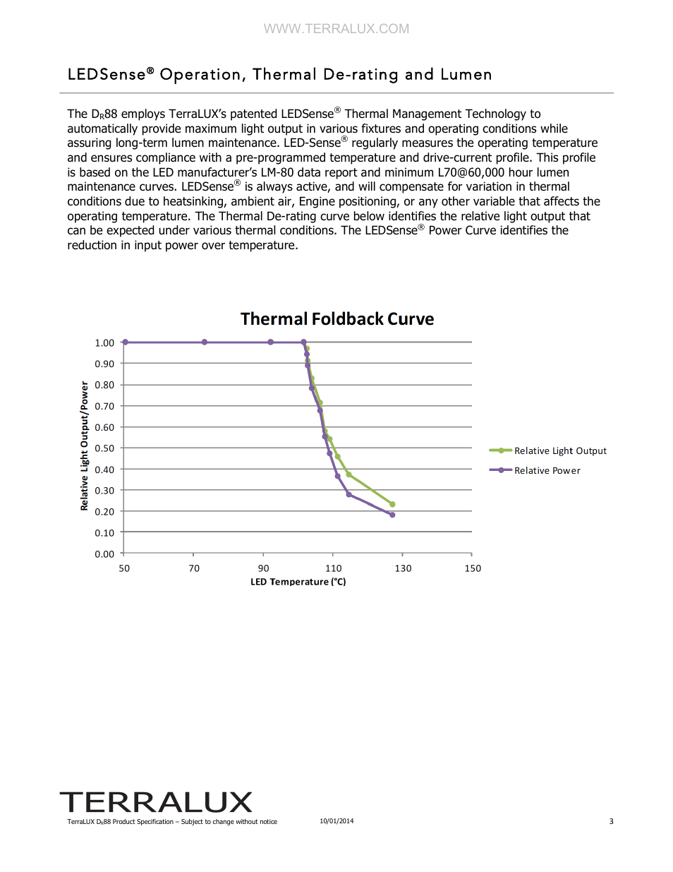 Ledsense, Operation, thermal de-rating and lumen | TERRALUX DR88 User Manual | Page 3 / 6