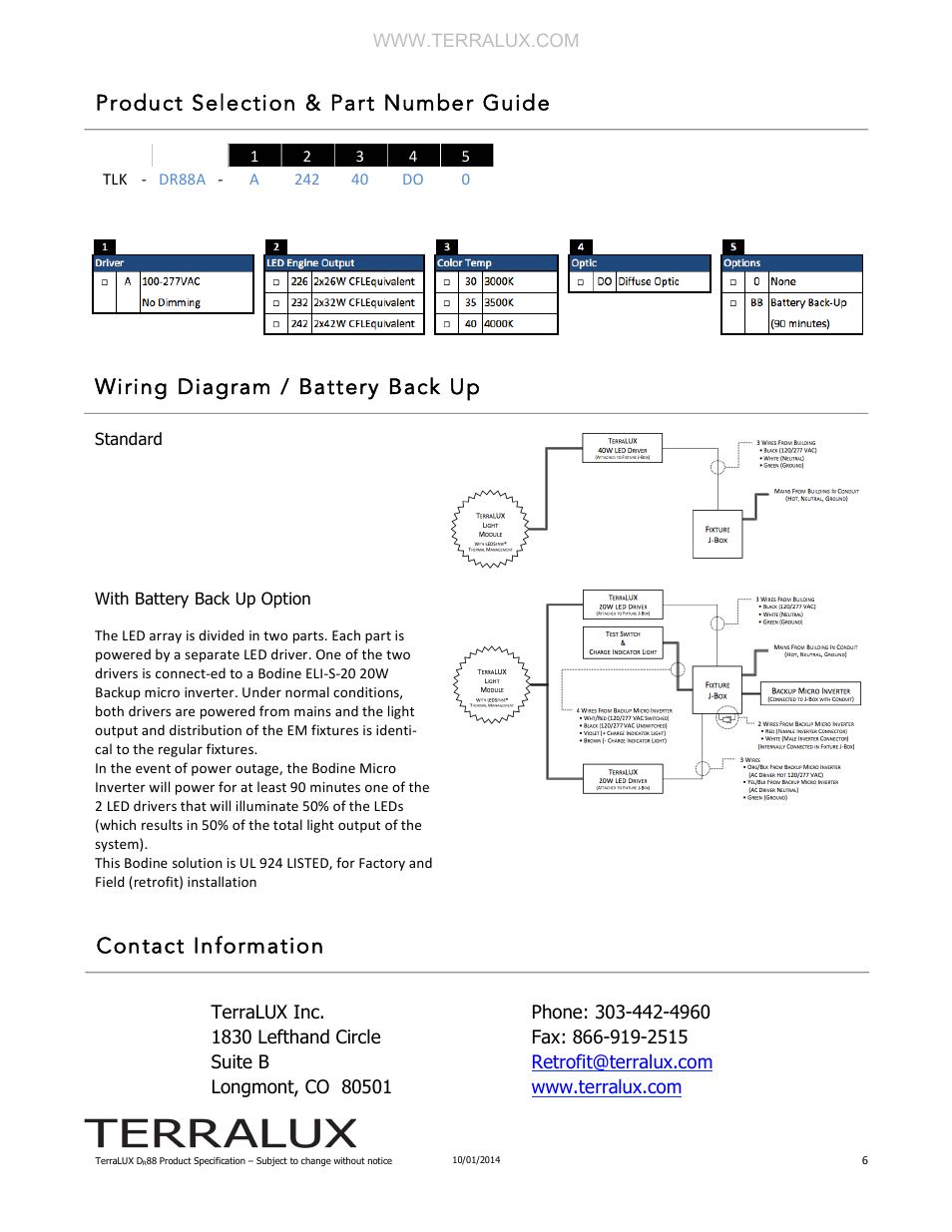 Product selection & part number guide, Wiring diagram / battery back up, Contact information | TERRALUX DR88 User Manual | Page 6 / 6