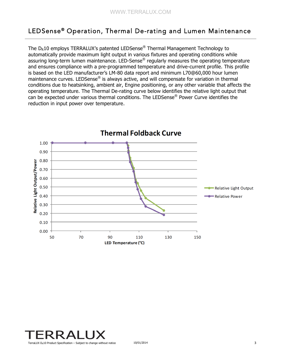 Ledsense, Operation, thermal de-rating and lumen maintenance | TERRALUX DR10 User Manual | Page 3 / 5