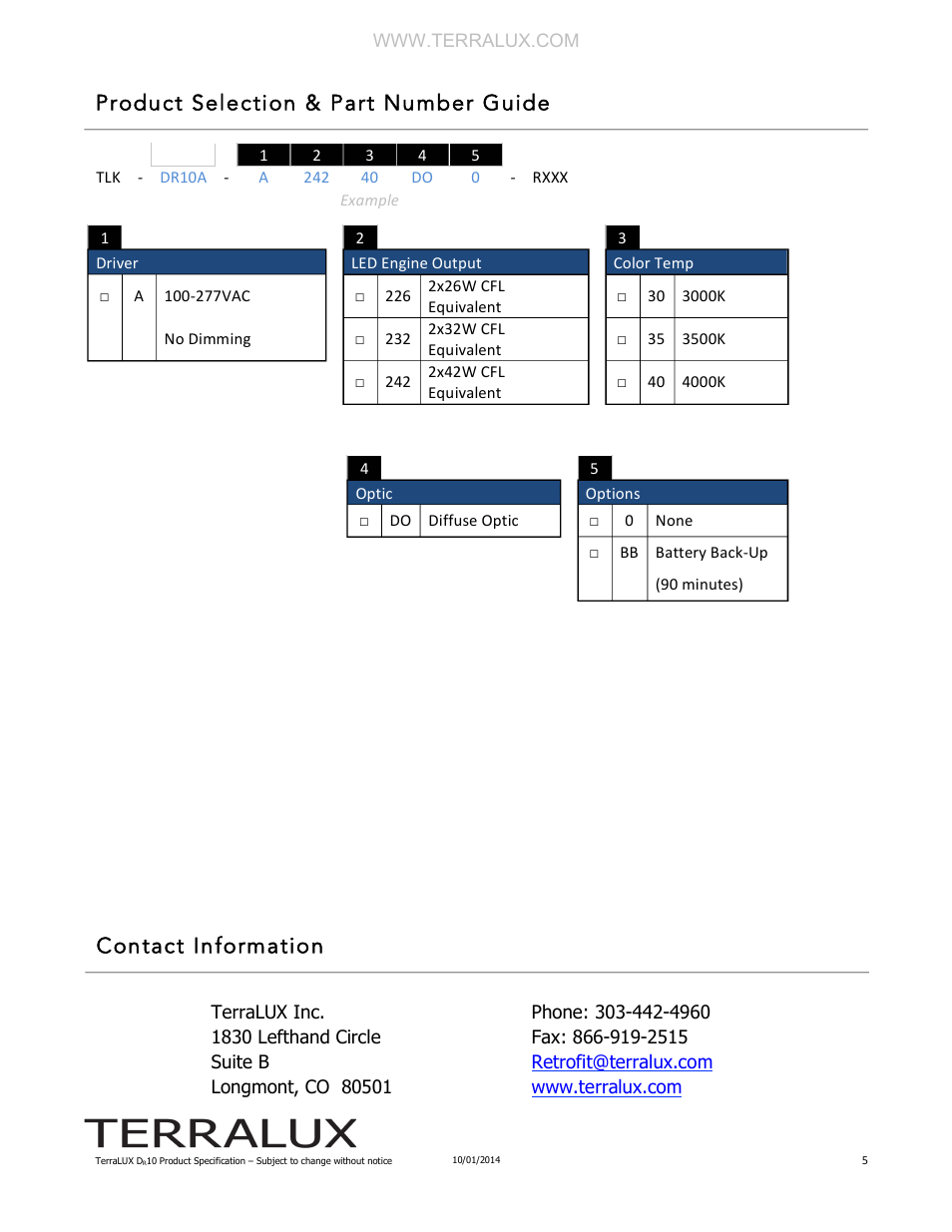 Product selection & part number guide, Contact information | TERRALUX DR10 User Manual | Page 5 / 5