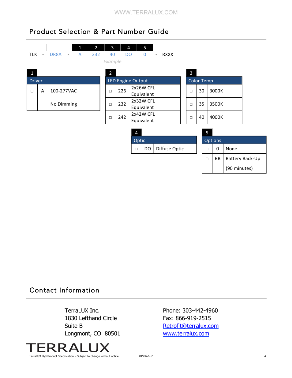 Product selection & part number guide, Contact information | TERRALUX DR8 User Manual | Page 4 / 4