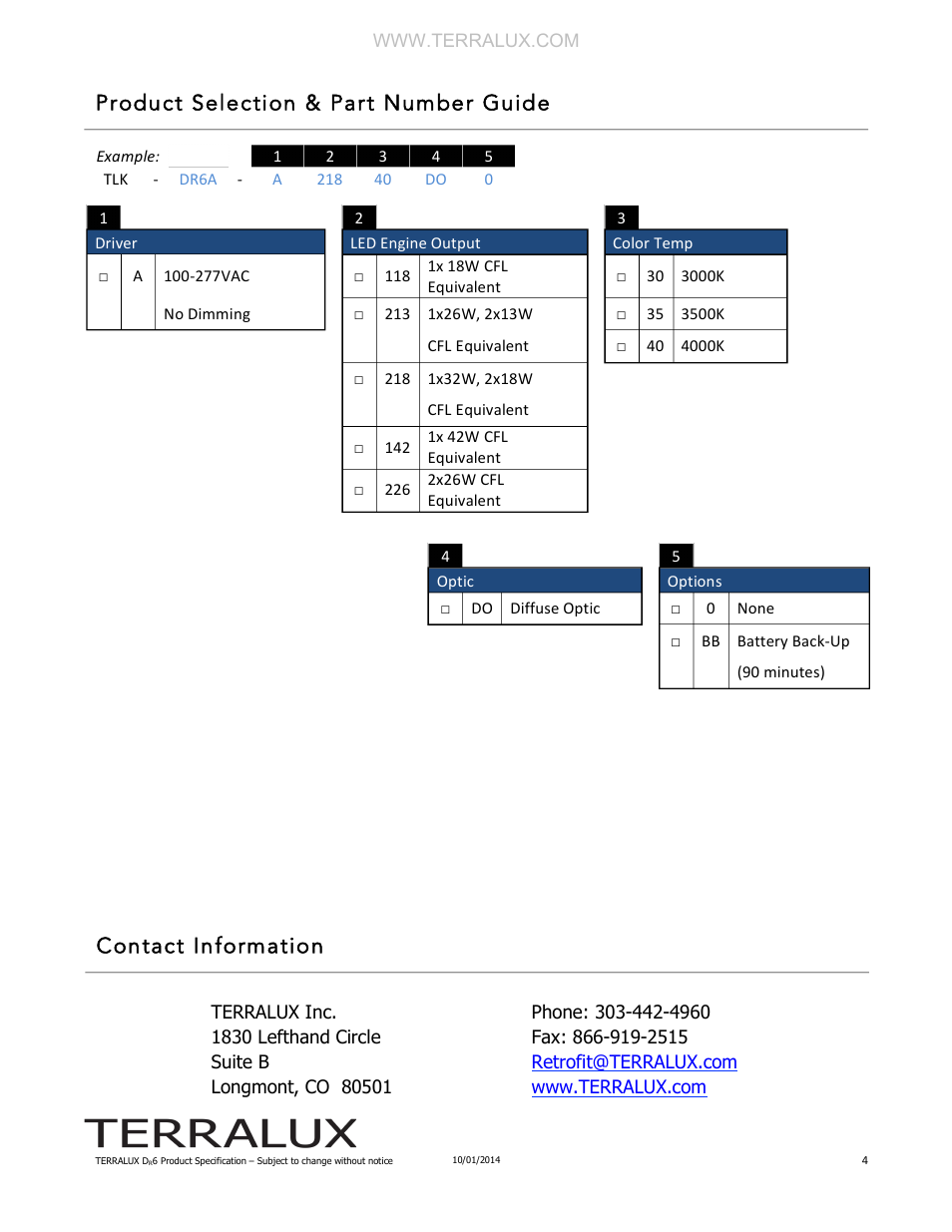 Product selection & part number guide, Contact information | TERRALUX DR6 User Manual | Page 4 / 4