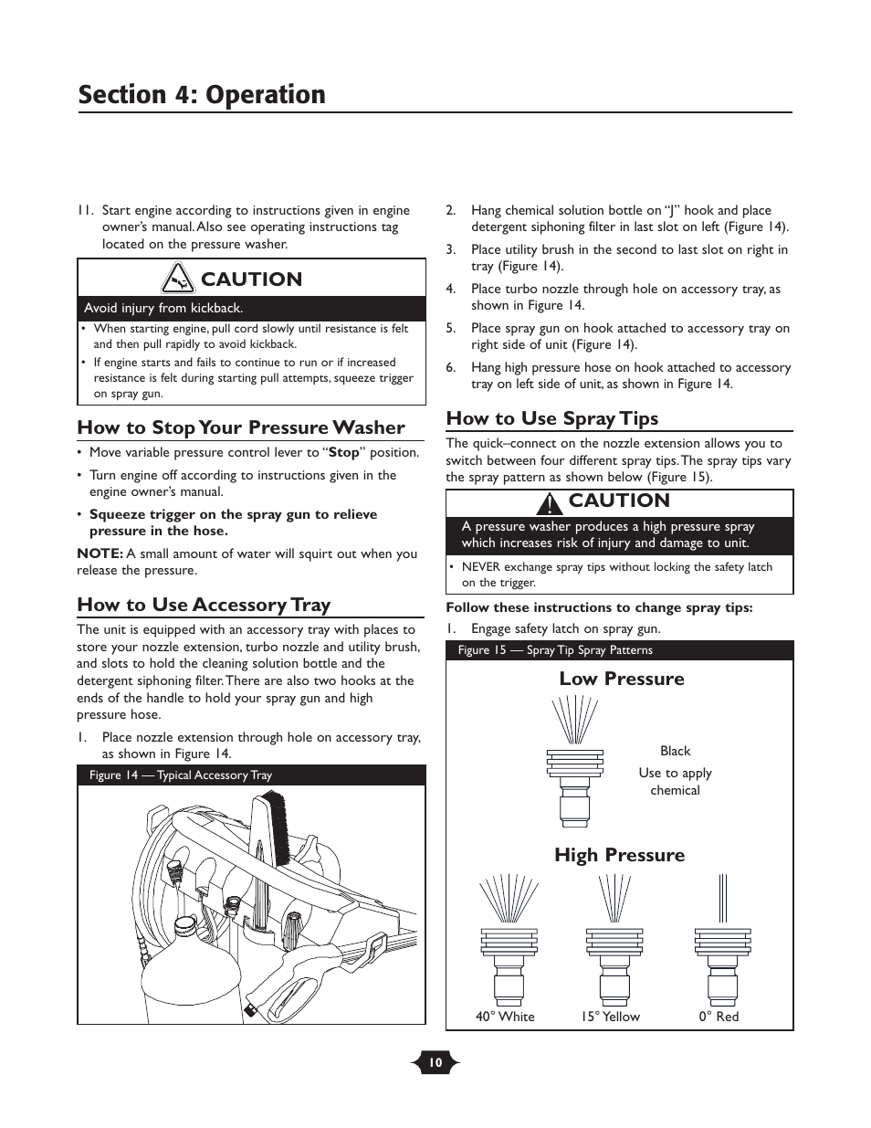 How to stop your pressure washer, How to use accessory tray, How to use spray tips | Caution, Low pressure high pressure caution | Briggs & Stratton 20209 User Manual | Page 10 / 36