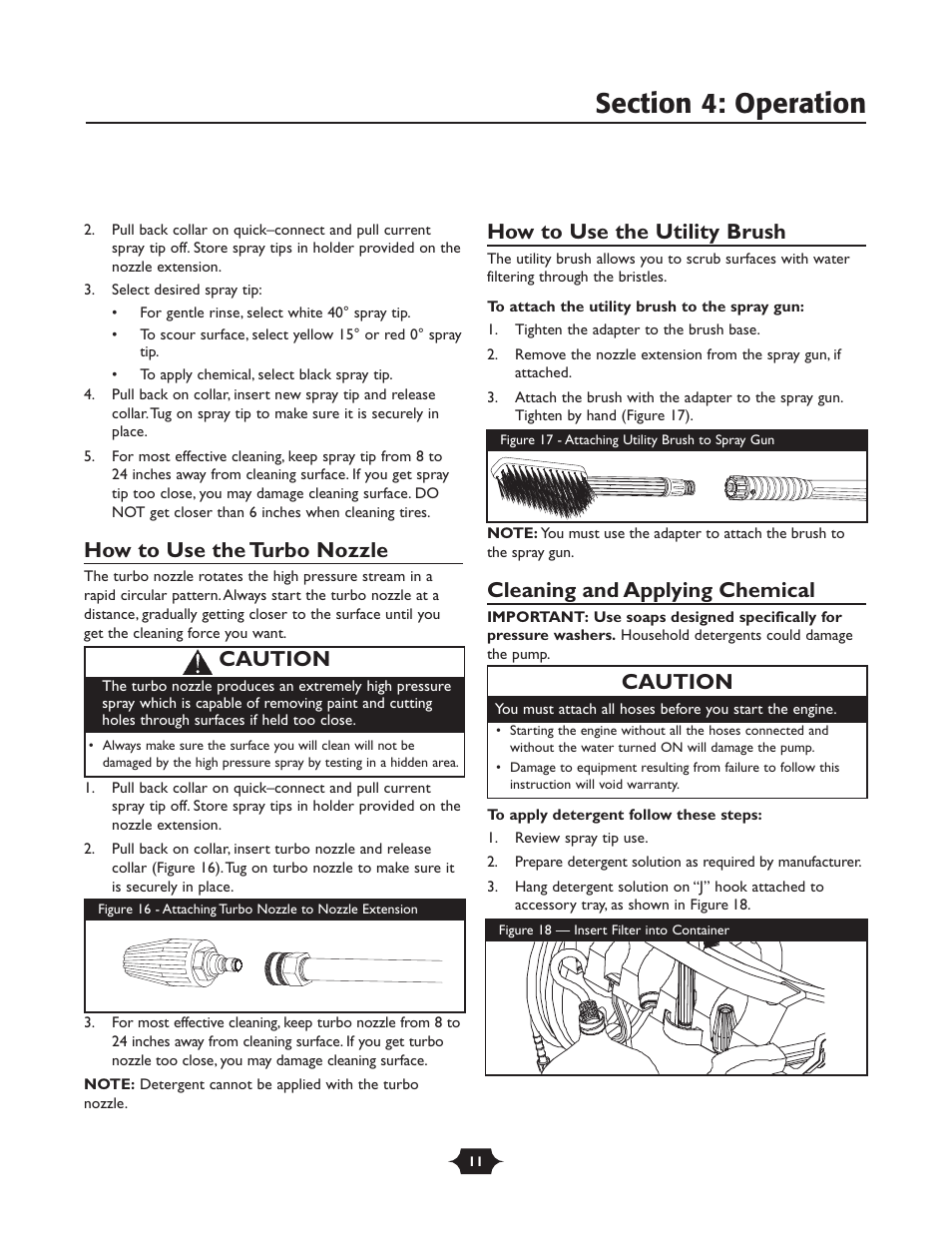 How to use the turbo nozzle, How to use the utility brush, Cleaning and applying chemical | Caution | Briggs & Stratton 20209 User Manual | Page 11 / 36