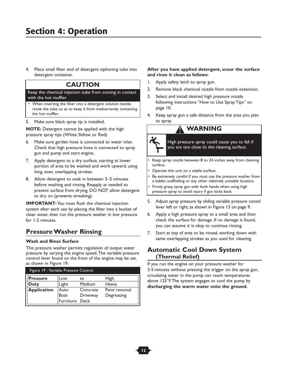 Pressure washer rinsing, Automatic cool down system, Warning caution | Briggs & Stratton 20209 User Manual | Page 12 / 36