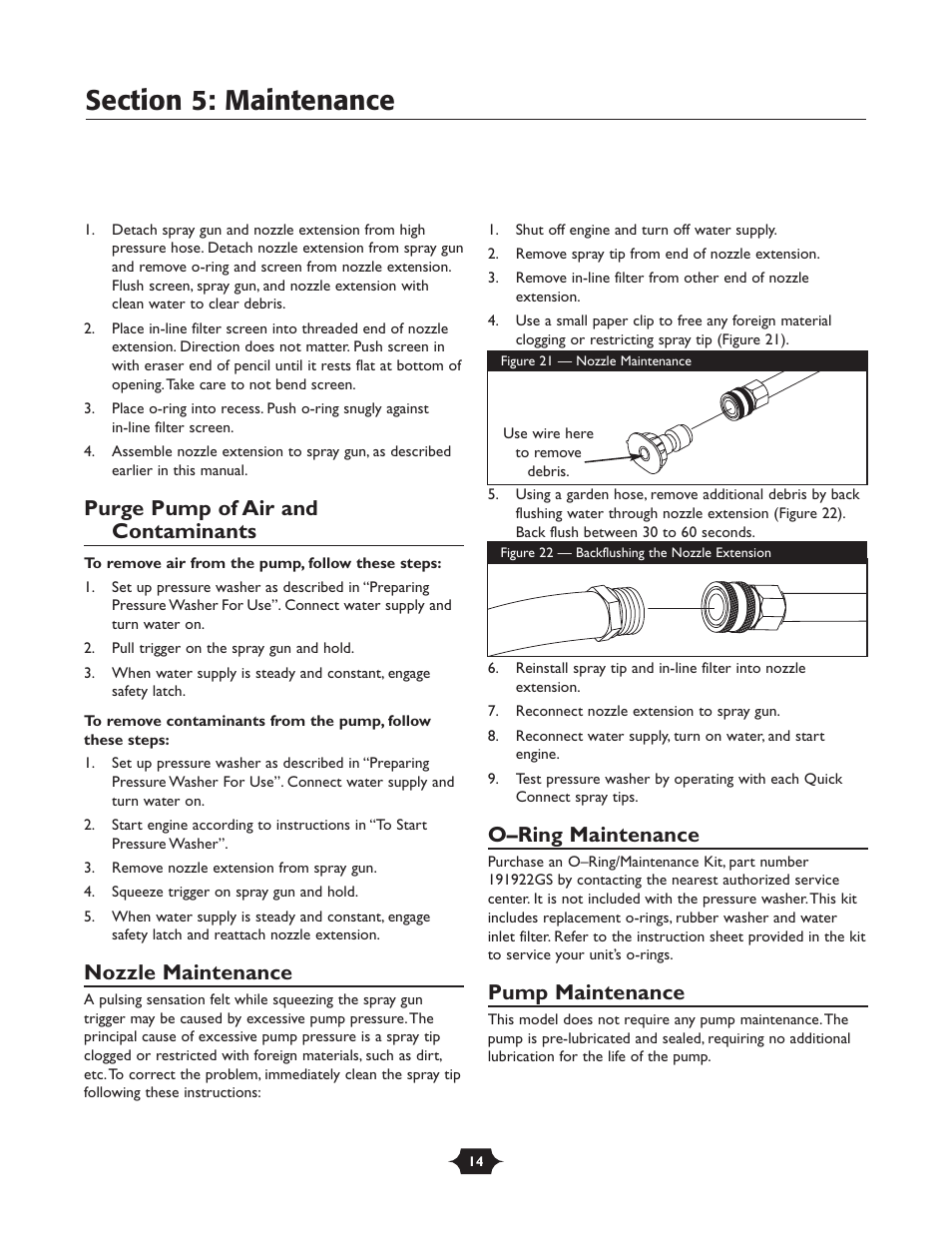 Purge pump of air and contaminants, Nozzle maintenance, O–ring maintenance | Pump maintenance | Briggs & Stratton 20209 User Manual | Page 14 / 36