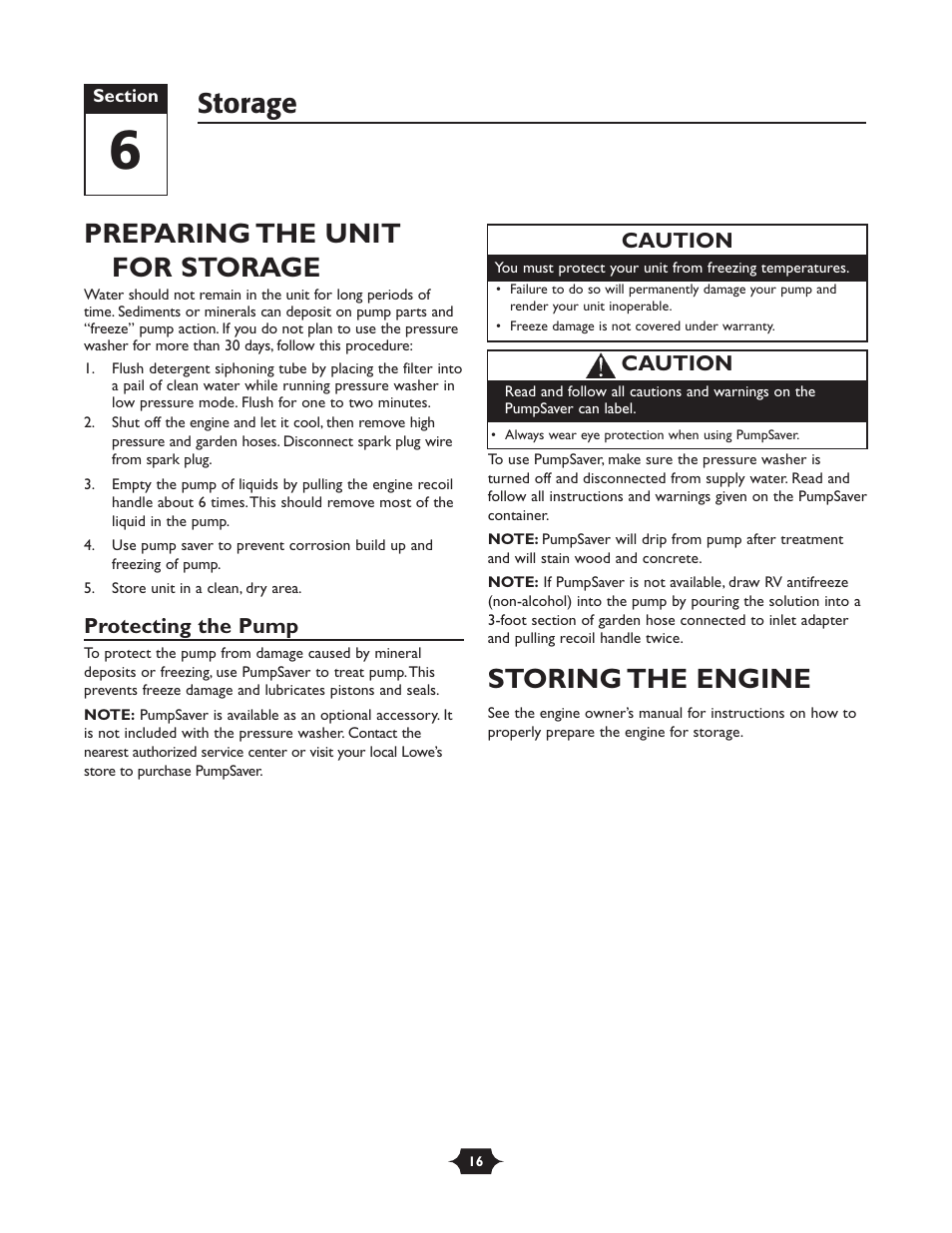 Preparing the unit for storage, Storing the engine, Storage | Briggs & Stratton 20209 User Manual | Page 16 / 36
