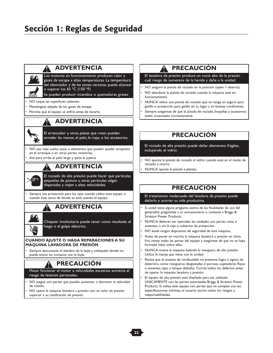 Sección 1: reglas de seguridad, Precaución, Advertencia | Briggs & Stratton 20209 User Manual | Page 22 / 36