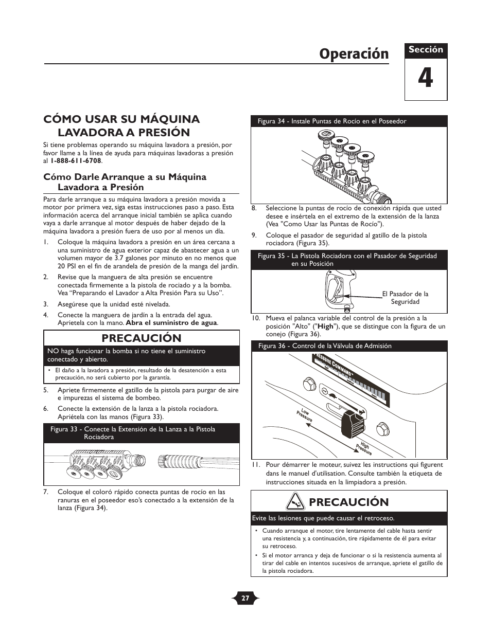 Operación, Cómo usar su máquina lavadora a presión, Precaución | Briggs & Stratton 20209 User Manual | Page 27 / 36