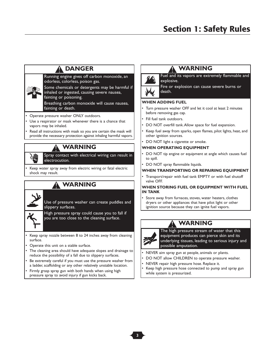 Warning, Danger | Briggs & Stratton 20209 User Manual | Page 3 / 36