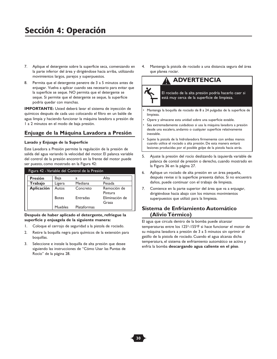 Sección 4: operación, Advertencia, Enjuage de la máquina lavadora a presión | Briggs & Stratton 20209 User Manual | Page 30 / 36