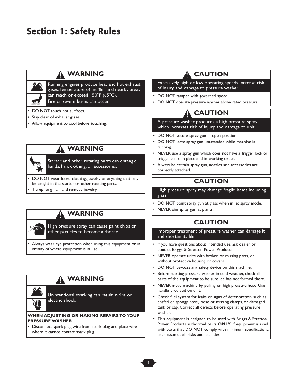 Caution, Warning | Briggs & Stratton 20209 User Manual | Page 4 / 36