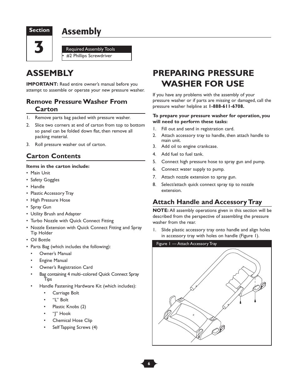 Assembly, Preparing pressure washer for use, Remove pressure washer from carton | Carton contents, Attach handle and accessory tray | Briggs & Stratton 20209 User Manual | Page 6 / 36