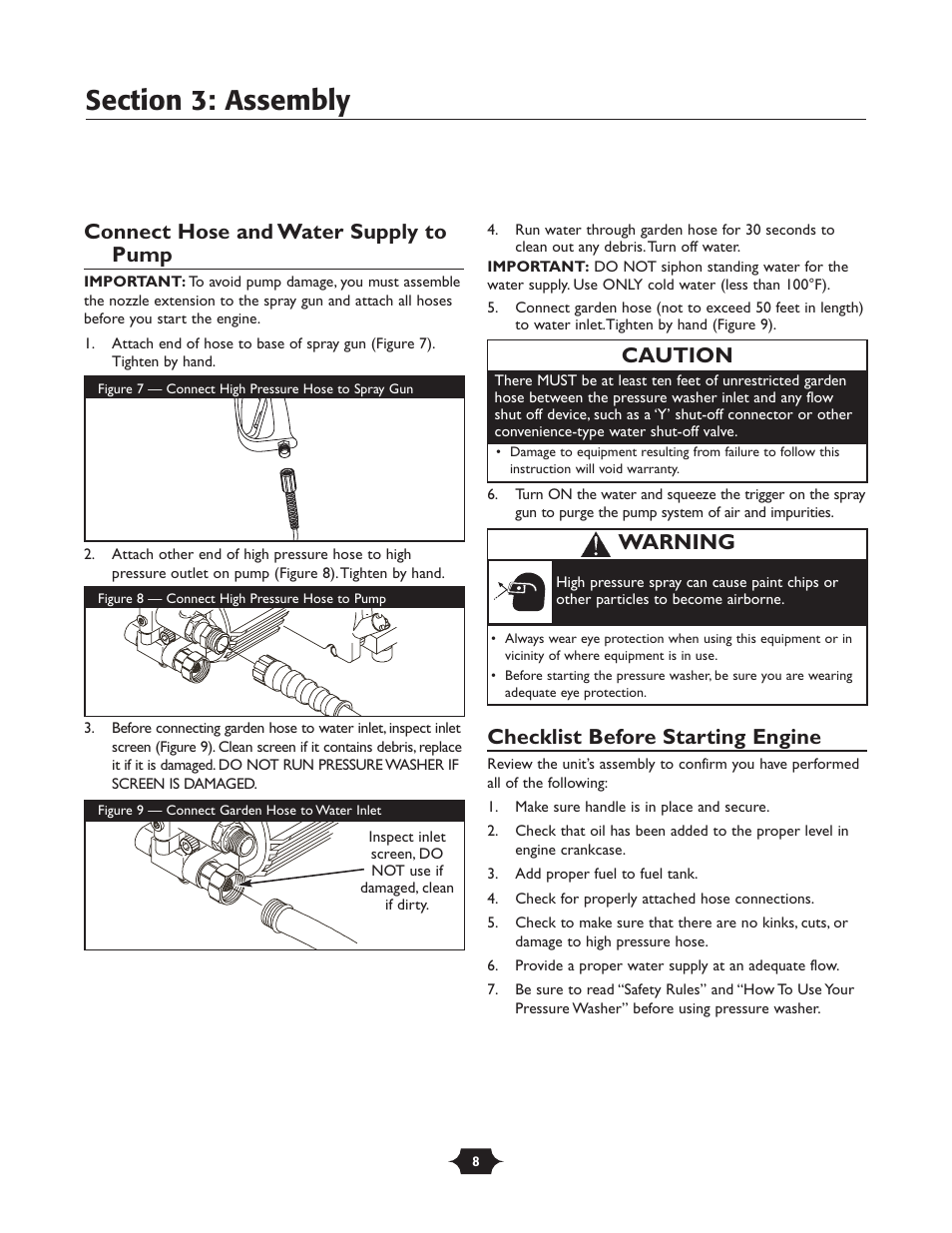 Connect hose and water supply to pump, Checklist before starting engine, Caution | Warning | Briggs & Stratton 20209 User Manual | Page 8 / 36