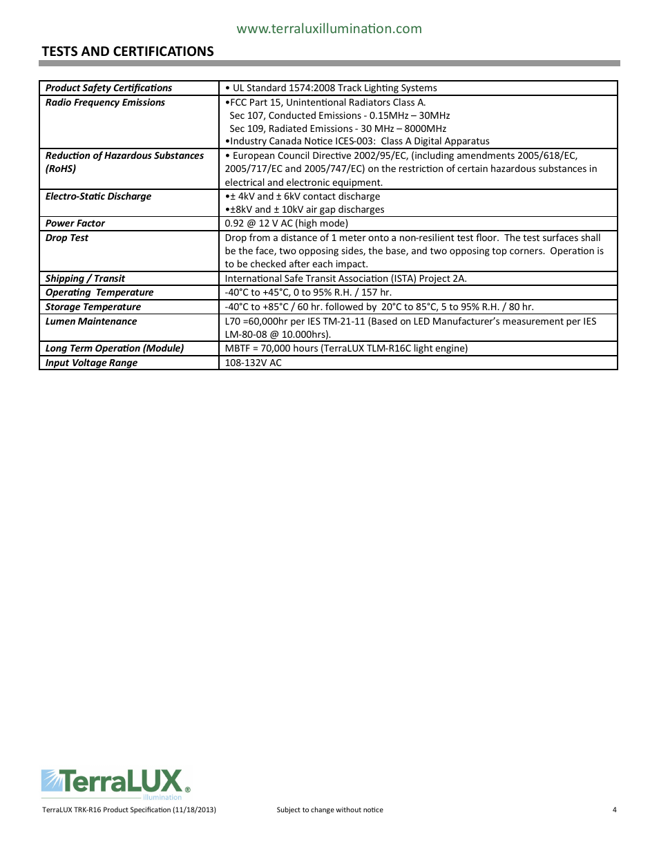 Tests and certifications | TERRALUX MR16C User Manual | Page 4 / 6