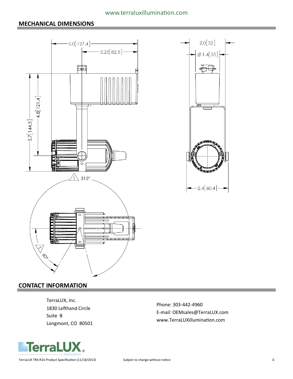 Mechanical dimensions contact information | TERRALUX MR16C User Manual | Page 6 / 6