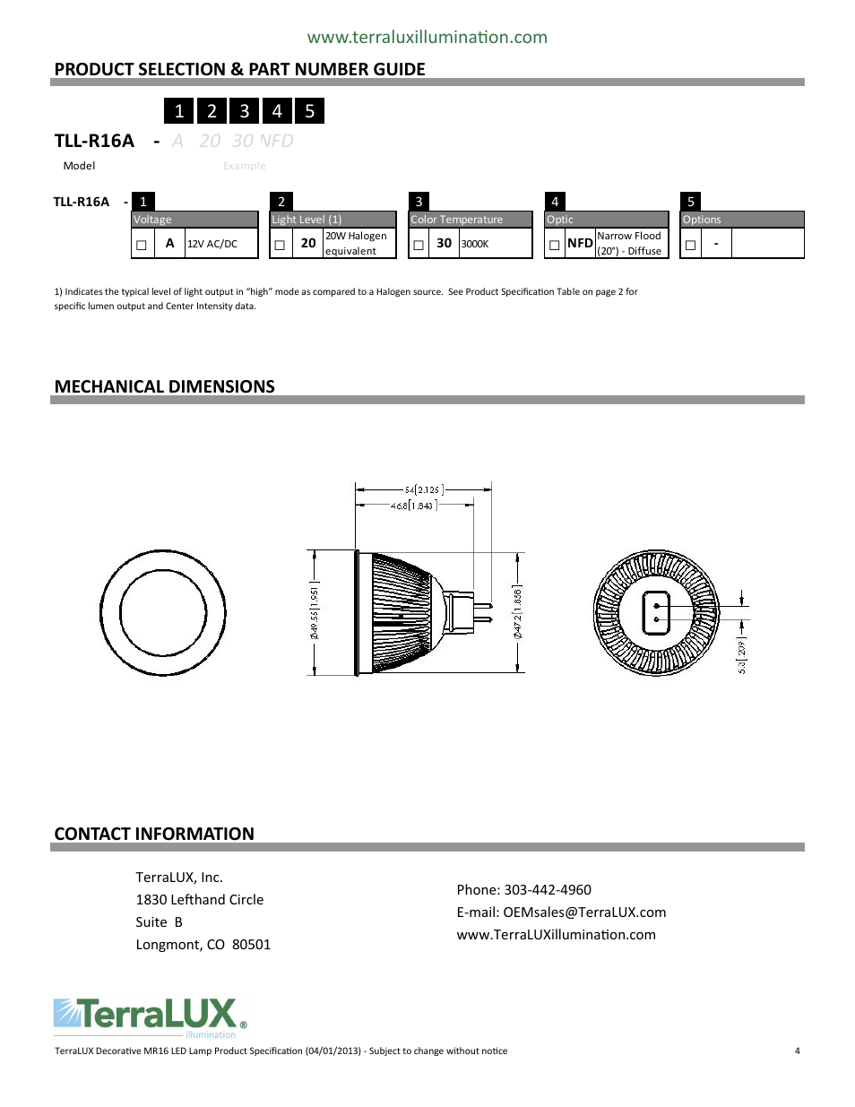 Mechanical dimensions, Contact information | TERRALUX MR16 User Manual | Page 4 / 4