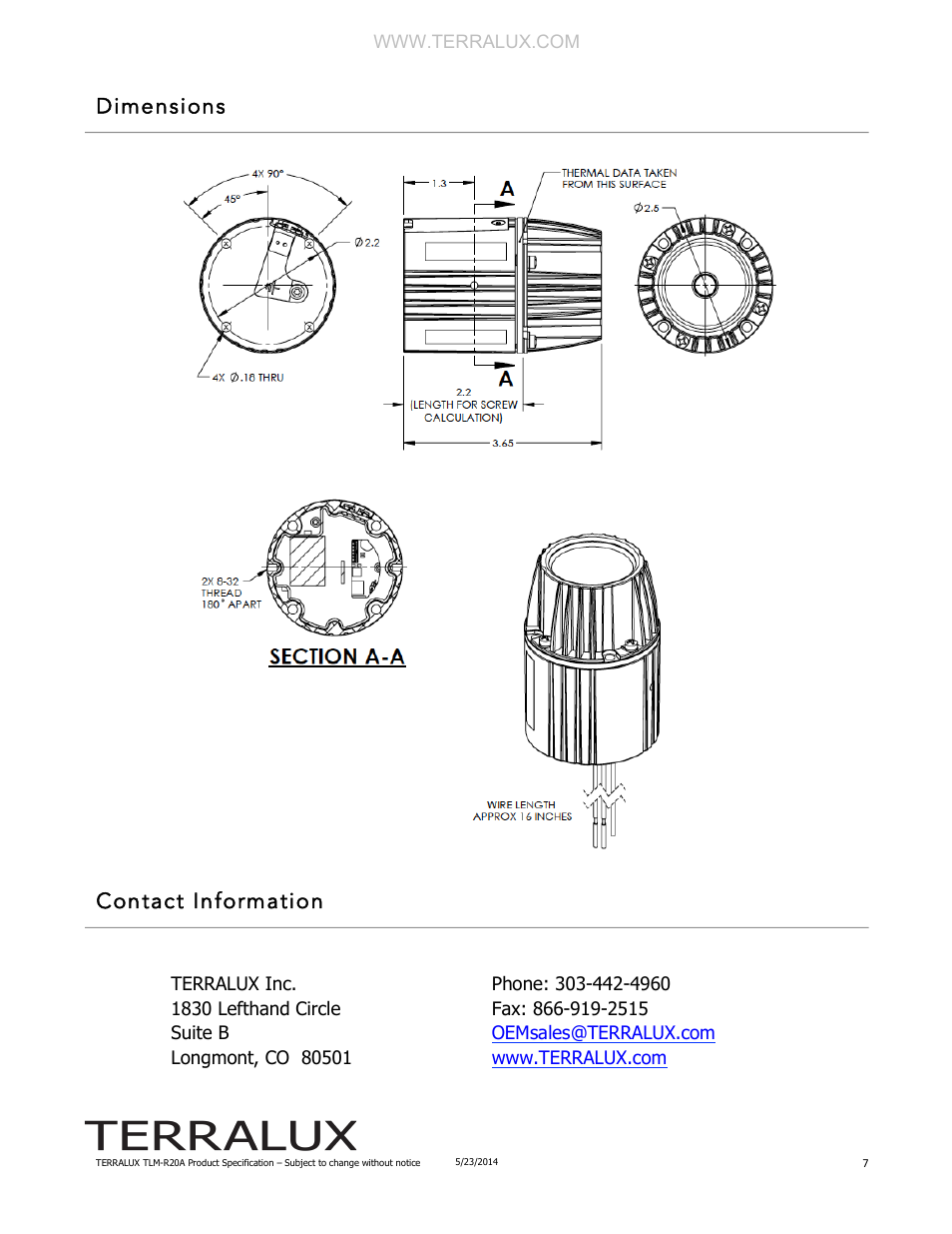 Dimensions contact information | TERRALUX TLM-R20A User Manual | Page 7 / 7