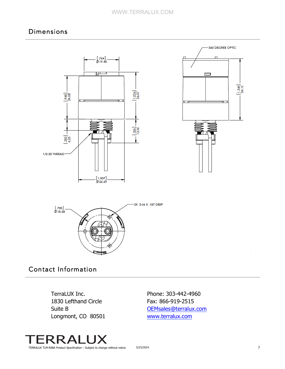 Dimensions contact information | TERRALUX TLM-R08A User Manual | Page 7 / 7