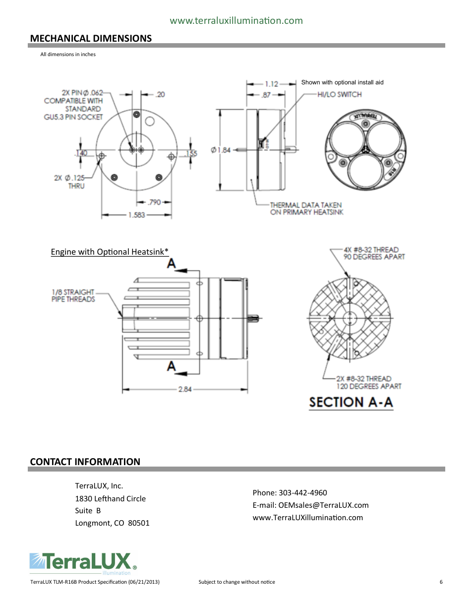 Mechanical dimensions, Contact information | TERRALUX TLM-R16B User Manual | Page 6 / 6