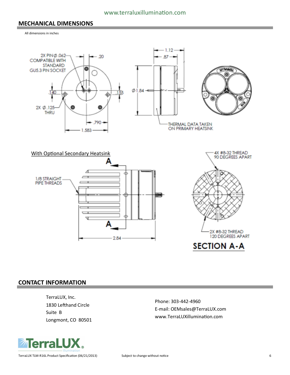 Mechanical dimensions, Contact information | TERRALUX TLM-R16L User Manual | Page 6 / 6