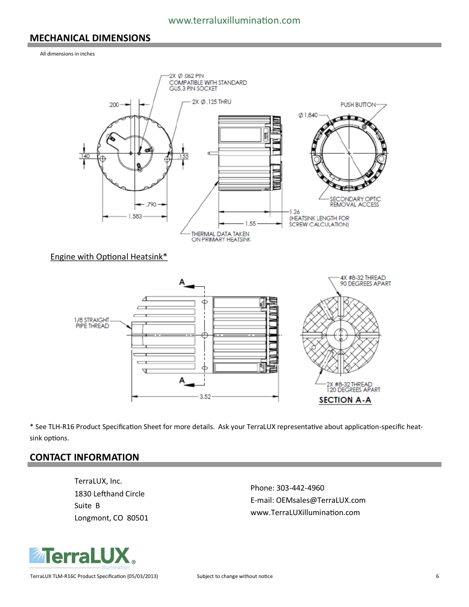 Mechanical dimensions, Contact information | TERRALUX TLM-R16C User Manual | Page 6 / 6