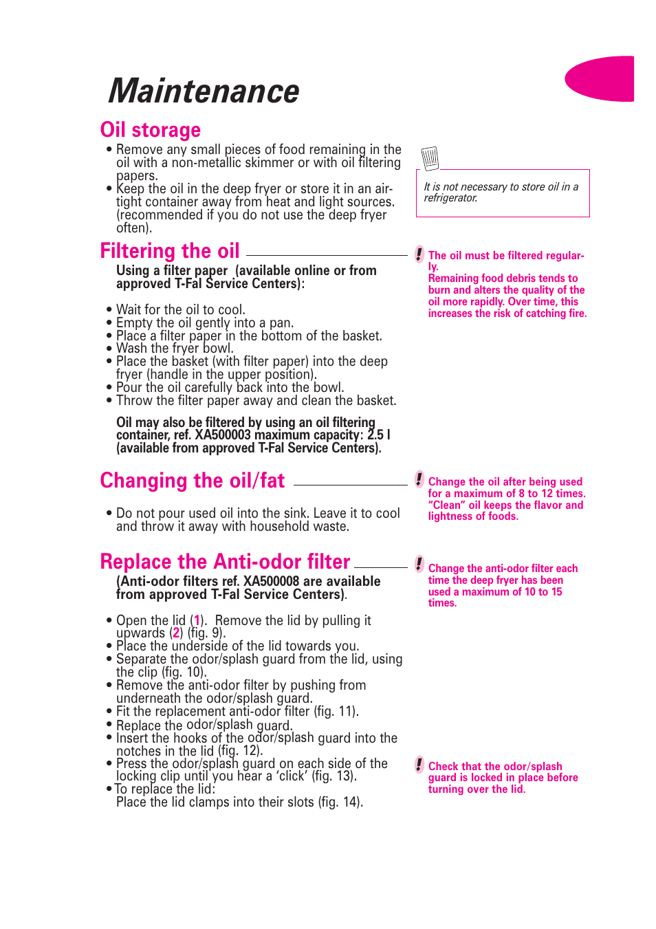 Maintenance, Oil storage, Filtering the oil | Changing the oil/fat, Replace the anti-odor filter | T-Fal Avante User Manual | Page 10 / 31