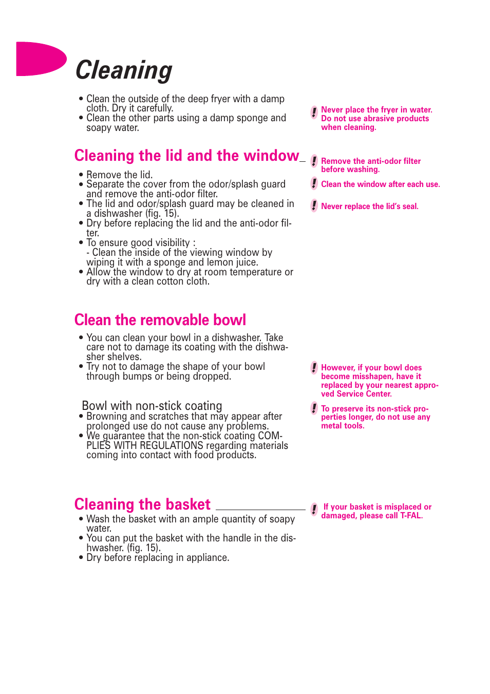 Cleaning, Cleaning the lid and the window, Clean the removable bowl | Cleaning the basket | T-Fal Avante User Manual | Page 11 / 31