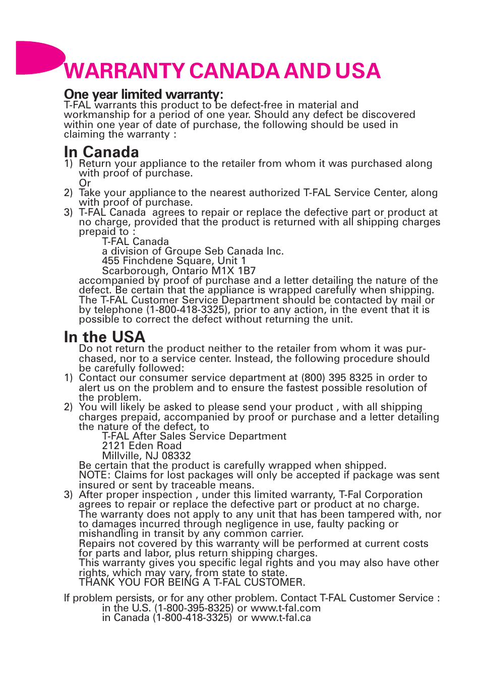 Warranty canada and usa, One year limited warranty | T-Fal Avante User Manual | Page 13 / 31