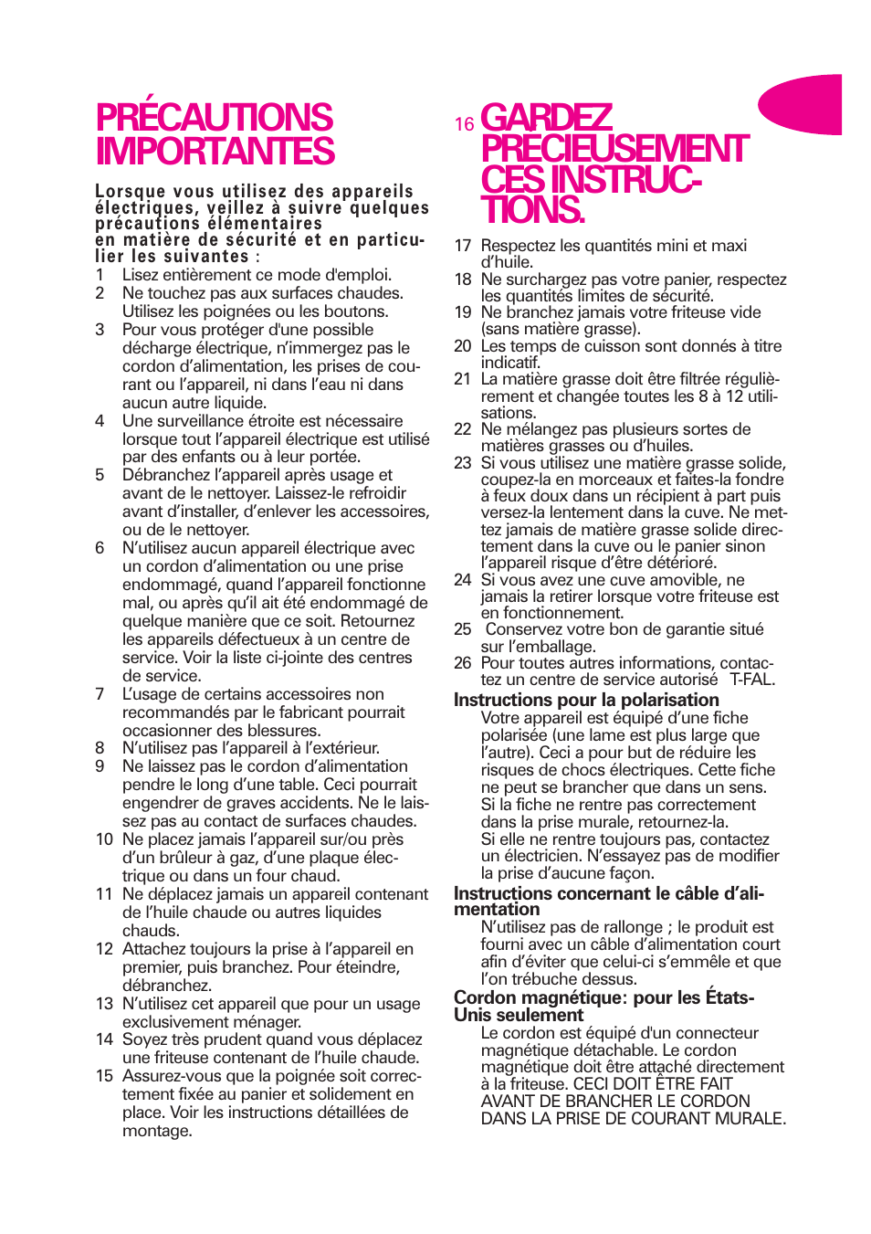 Précautions importantes, Gardez précieusement ces instruc- tions | T-Fal Avante User Manual | Page 14 / 31