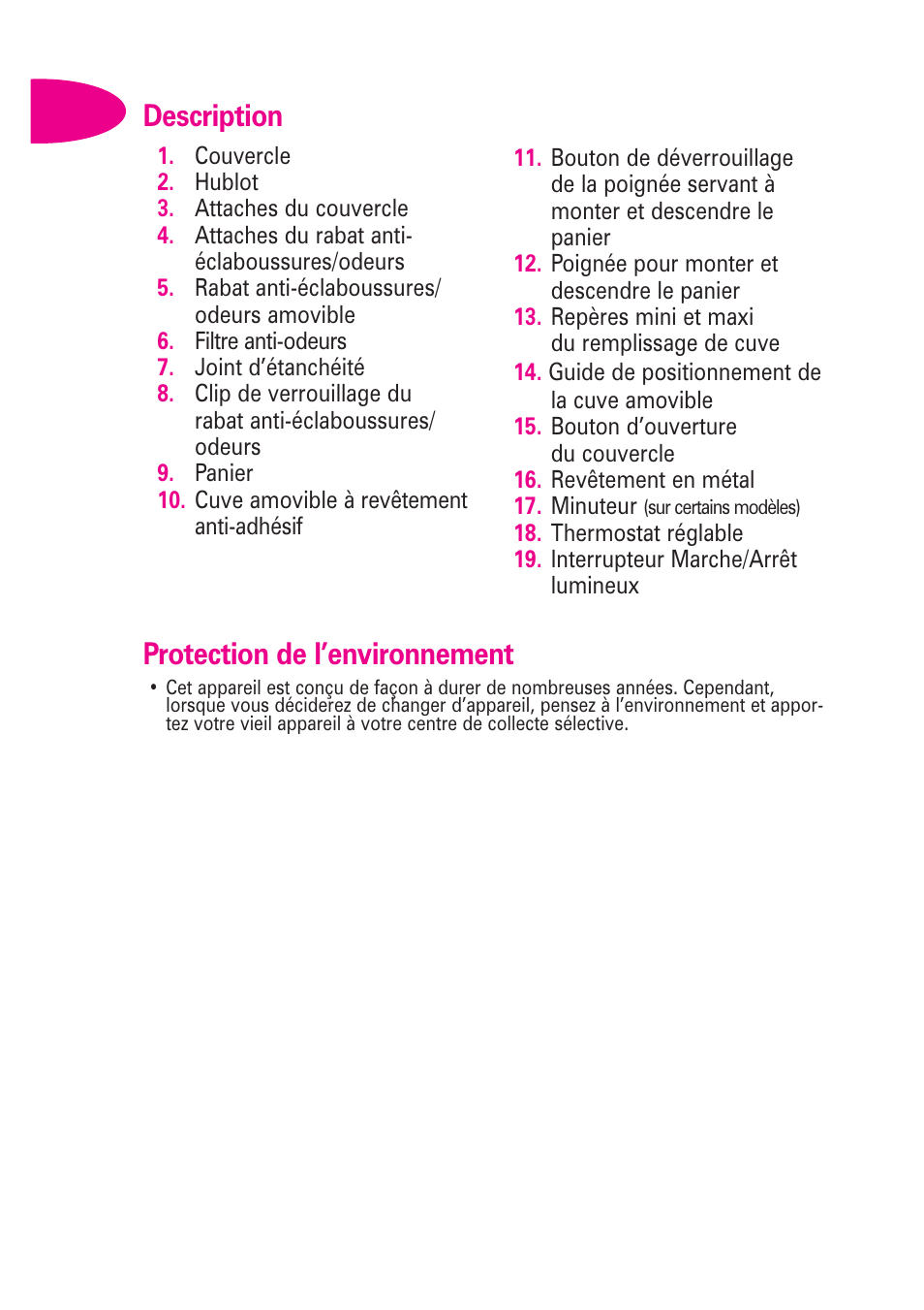 Protection de l’environnement, Description | T-Fal Avante User Manual | Page 15 / 31