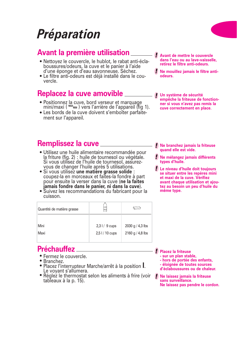 Préparation, Avant la première utilisation, Remplissez la cuve | Préchauffez, Replacez la cuve amovible | T-Fal Avante User Manual | Page 16 / 31