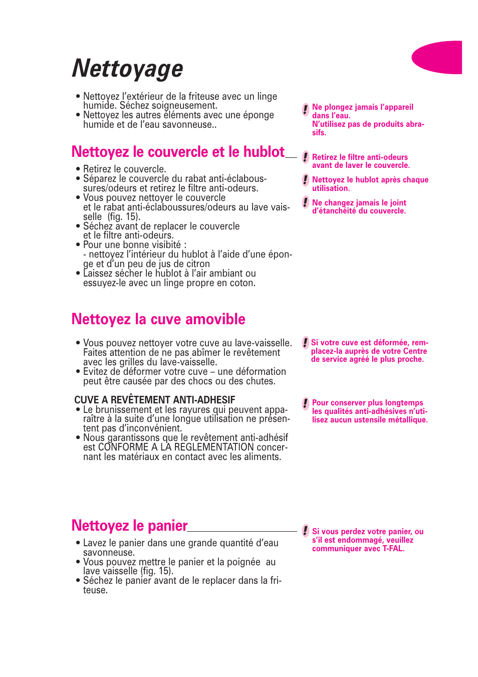 Nettoyage, Nettoyez le couvercle et le hublot, Nettoyez la cuve amovible | Nettoyez le panier | T-Fal Avante User Manual | Page 20 / 31