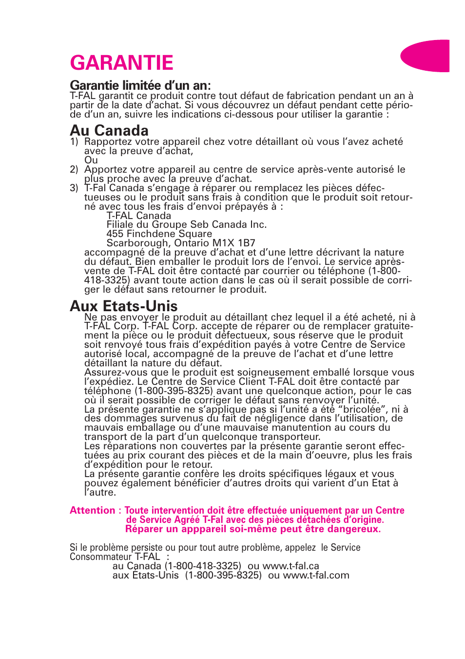 Garantie, Au canada, Aux etats-unis | Garantie limitée d’un an | T-Fal Avante User Manual | Page 22 / 31