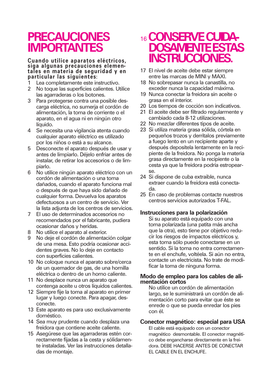 Precauciones importantes, Conserve cuida- dosamente estas instrucciones | T-Fal Avante User Manual | Page 23 / 31