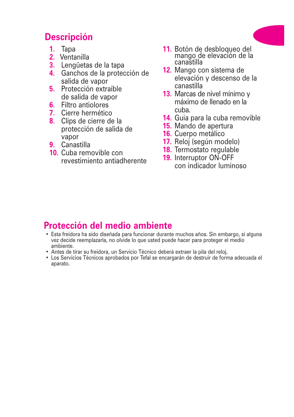 Protección del medio ambiente, Descripción | T-Fal Avante User Manual | Page 24 / 31