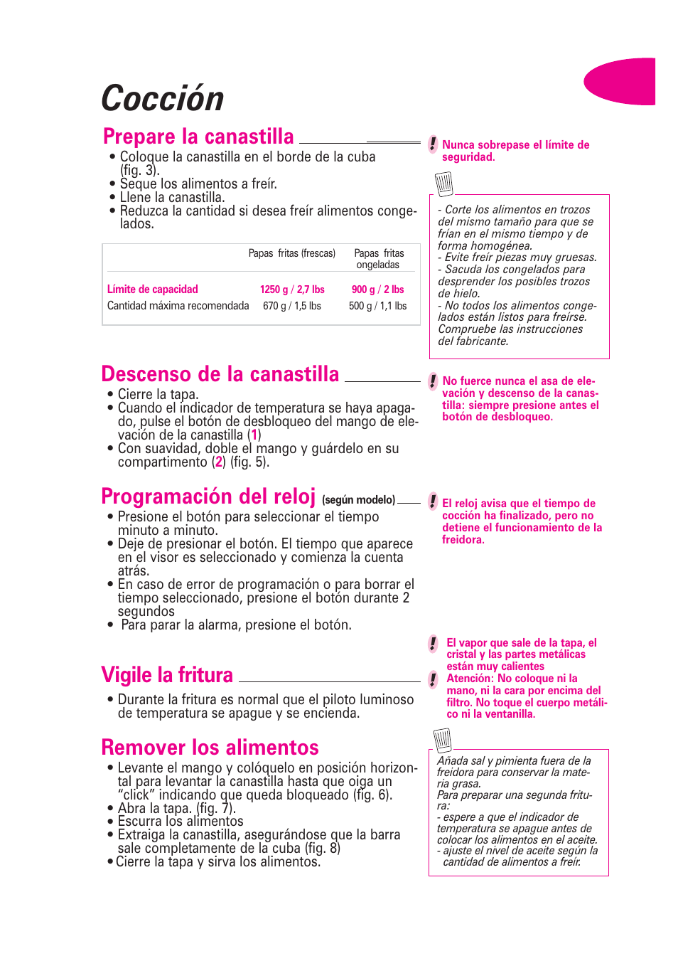 Cocción, Vigile la fritura, Remover los alimentos | Descenso de la canastilla, Programación del reloj, Prepare la canastilla | T-Fal Avante User Manual | Page 26 / 31