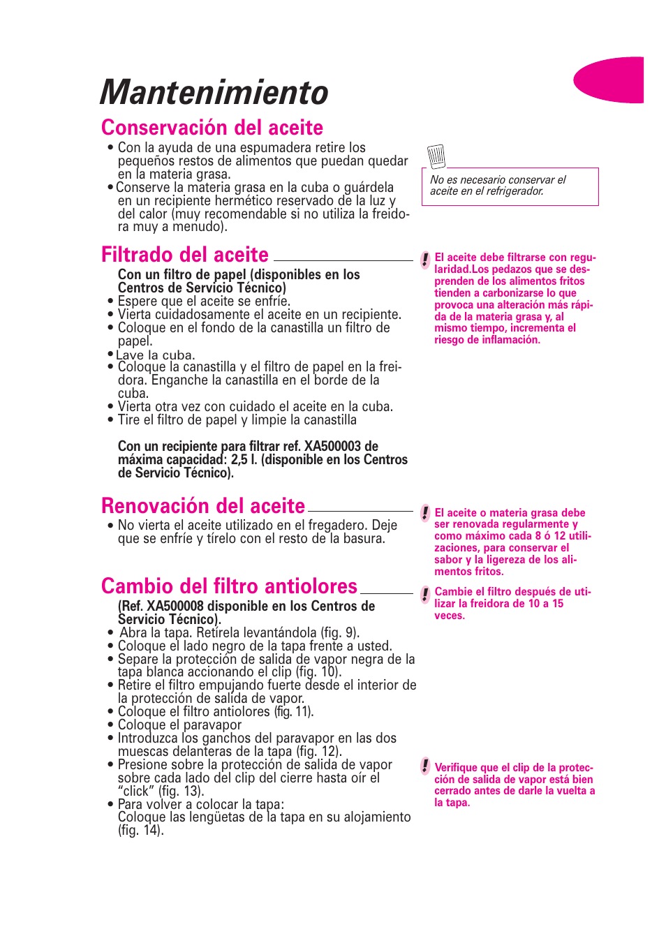 Mantenimiento, Cambio del filtro antiolores, Conservación del aceite | Filtrado del aceite, Renovación del aceite | T-Fal Avante User Manual | Page 28 / 31