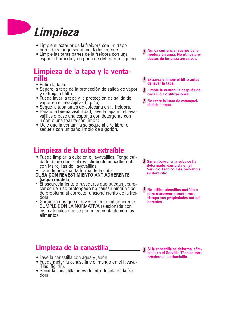 Limpieza, Limpieza de la tapa y la venta- nilla, Limpieza de la cuba extraíble | Limpieza de la canastilla | T-Fal Avante User Manual | Page 29 / 31