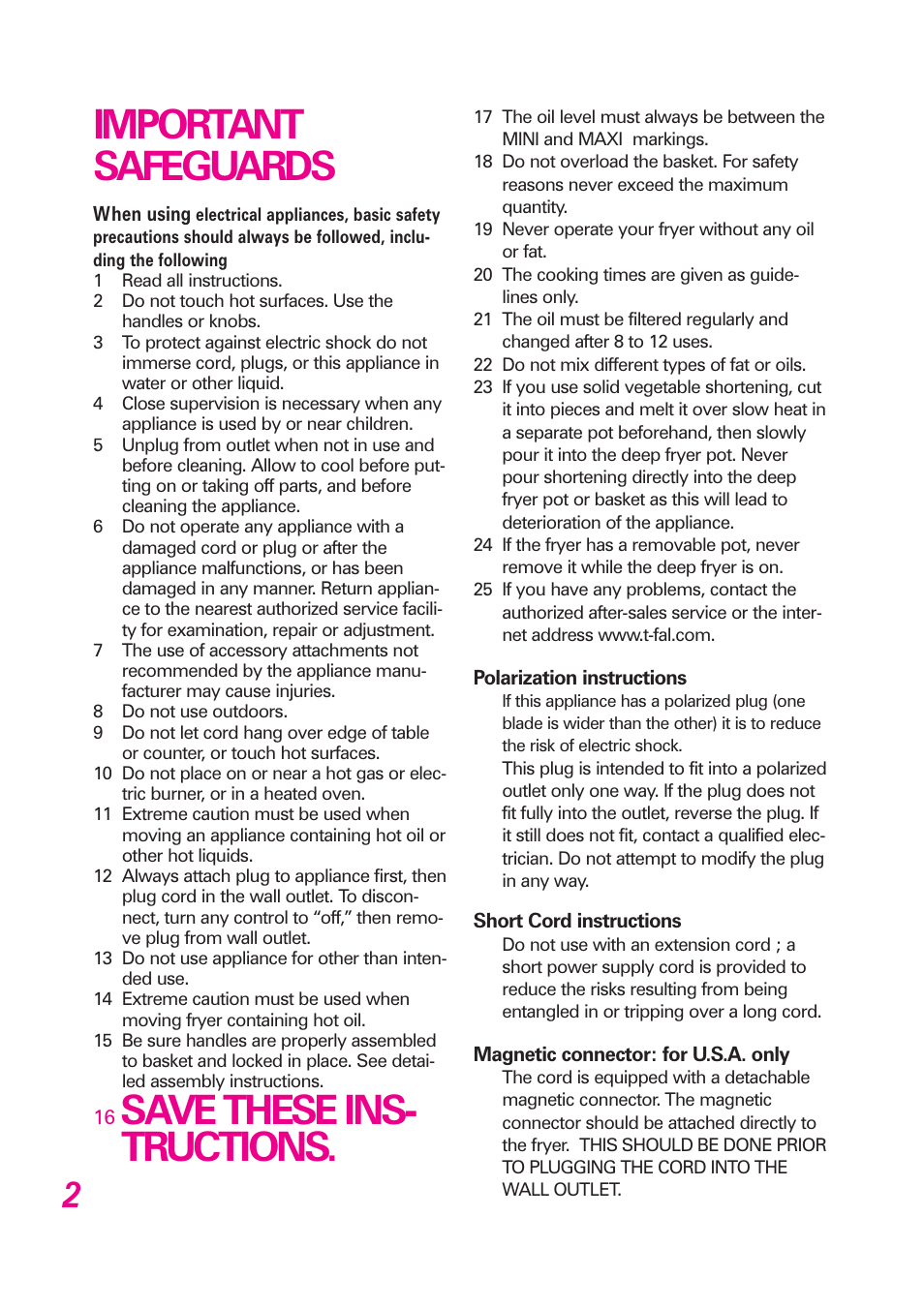 Important safeguards, Save these ins- tructions | T-Fal Avante User Manual | Page 5 / 31