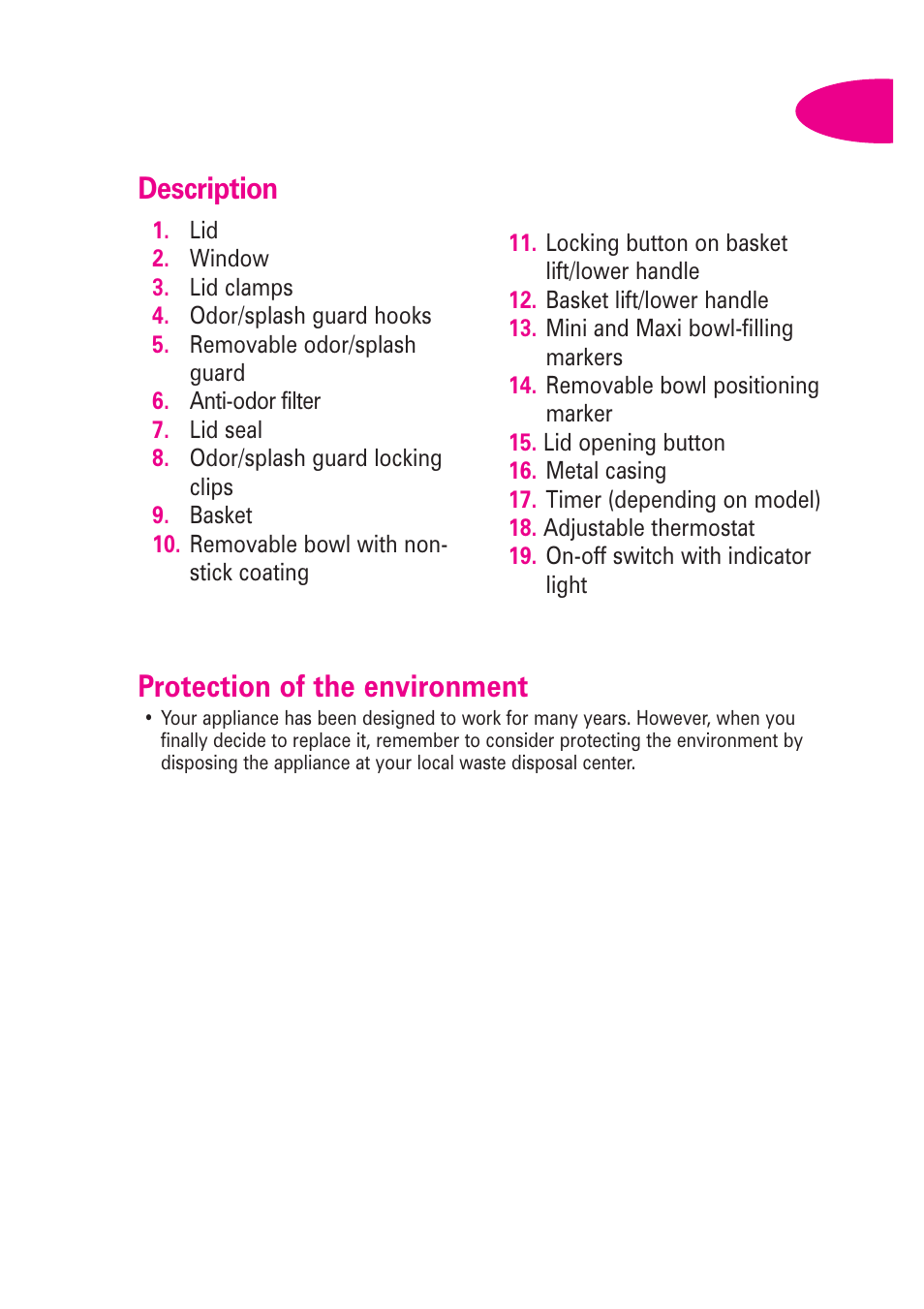 Protection of the environment, Description | T-Fal Avante User Manual | Page 6 / 31