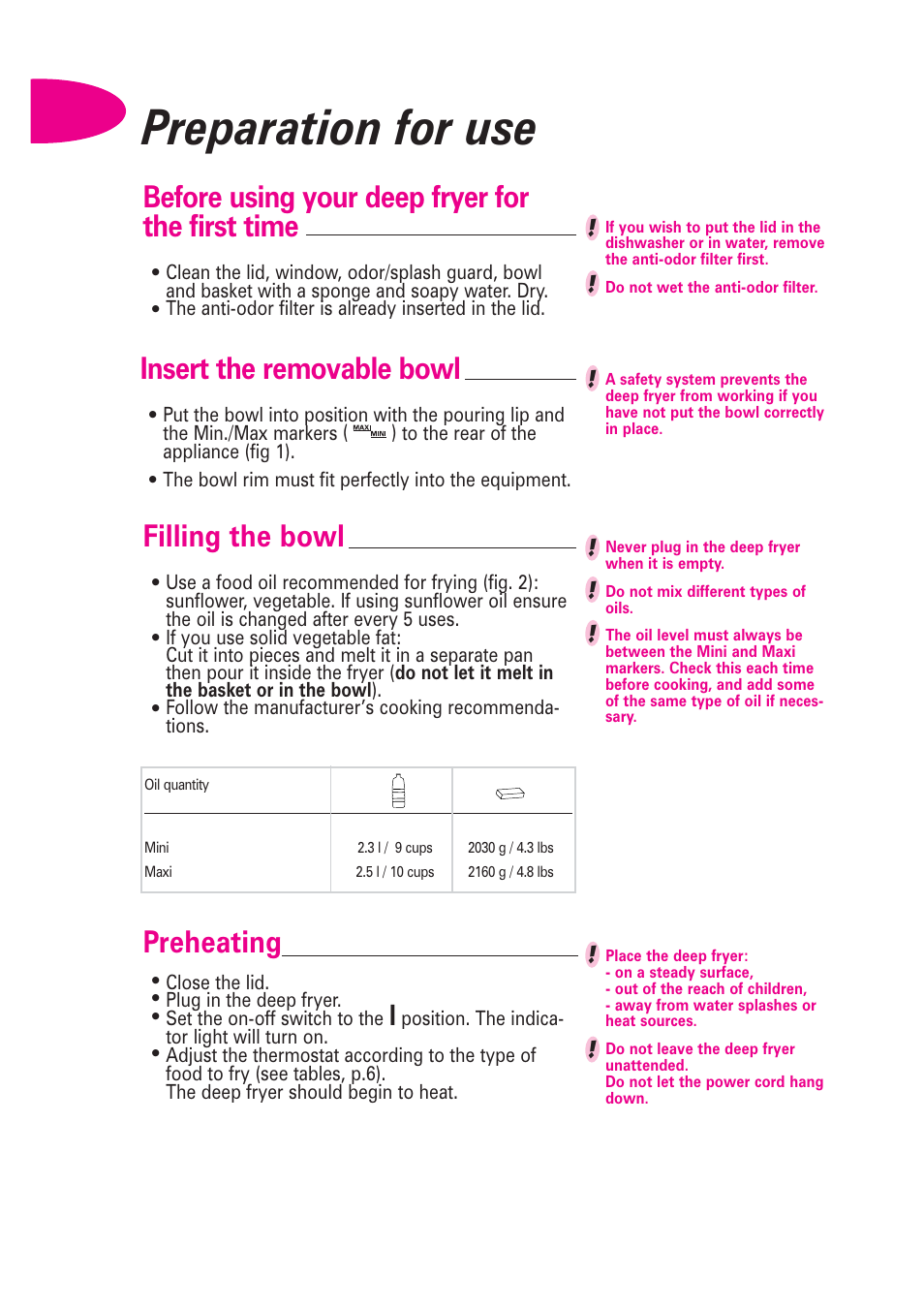 Preparation for use, Before using your deep fryer for the first time, Filling the bowl | Preheating, Insert the removable bowl | T-Fal Avante User Manual | Page 7 / 31