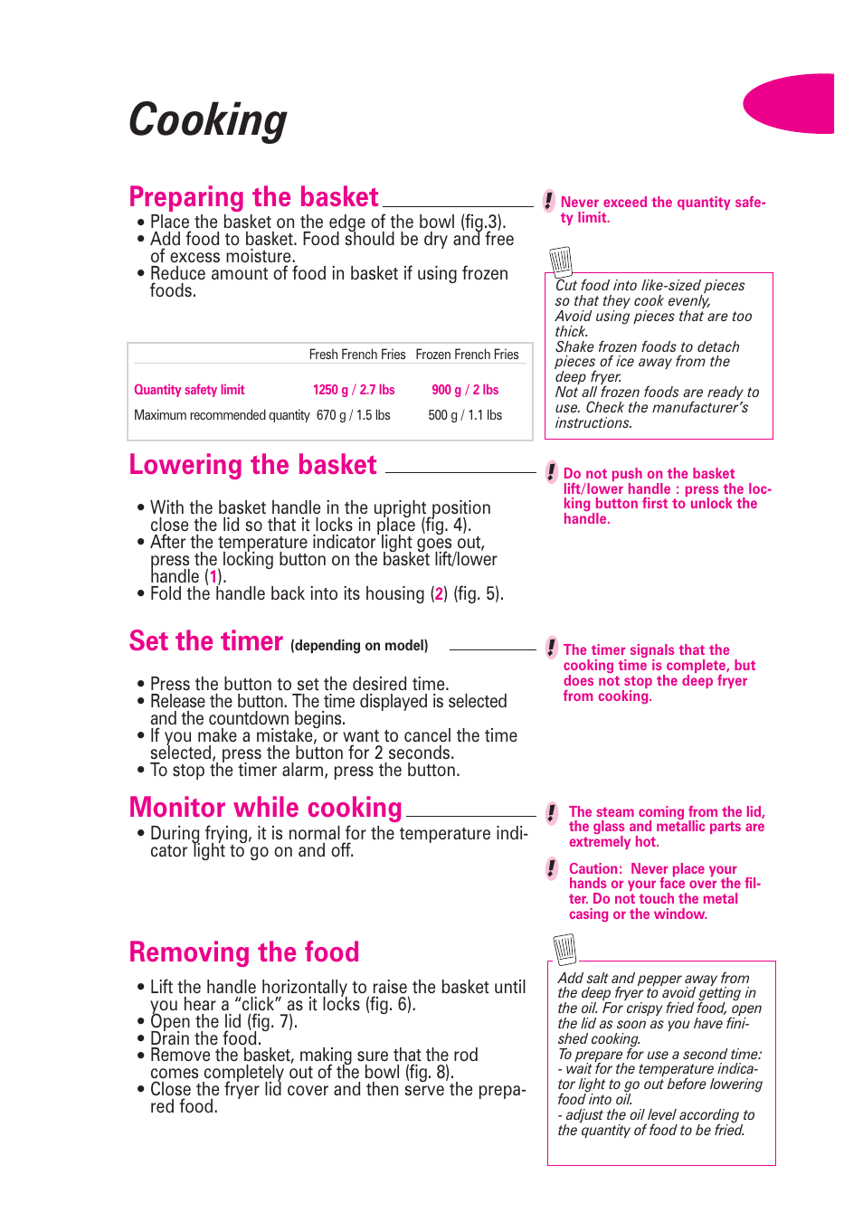 Cooking, Monitor while cooking, Lowering the basket | Set the timer, Preparing the basket, Removing the food | T-Fal Avante User Manual | Page 8 / 31