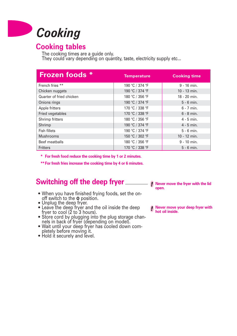 Cooking, Cooking tables, Switching off the deep fryer | Frozen foods | T-Fal Avante User Manual | Page 9 / 31